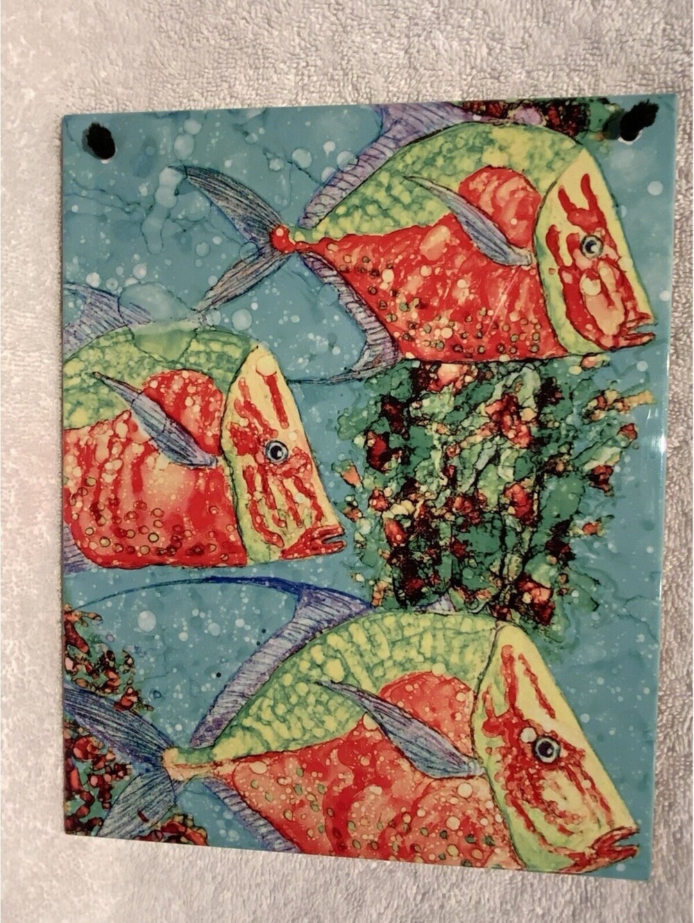 Lookdown Fish Hanging Ceramic Tile with Brightly Colored Fish Design 9.75” x 8”